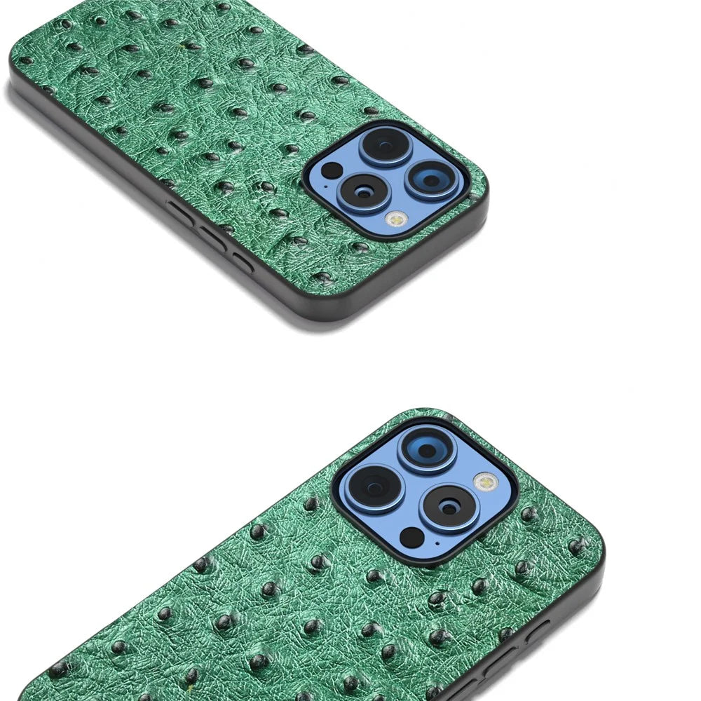 ABEEL For iPhone 16 Pro Max Case Ostrich Texture Genuine Cow Leather Back Phone Cover - Green - 2