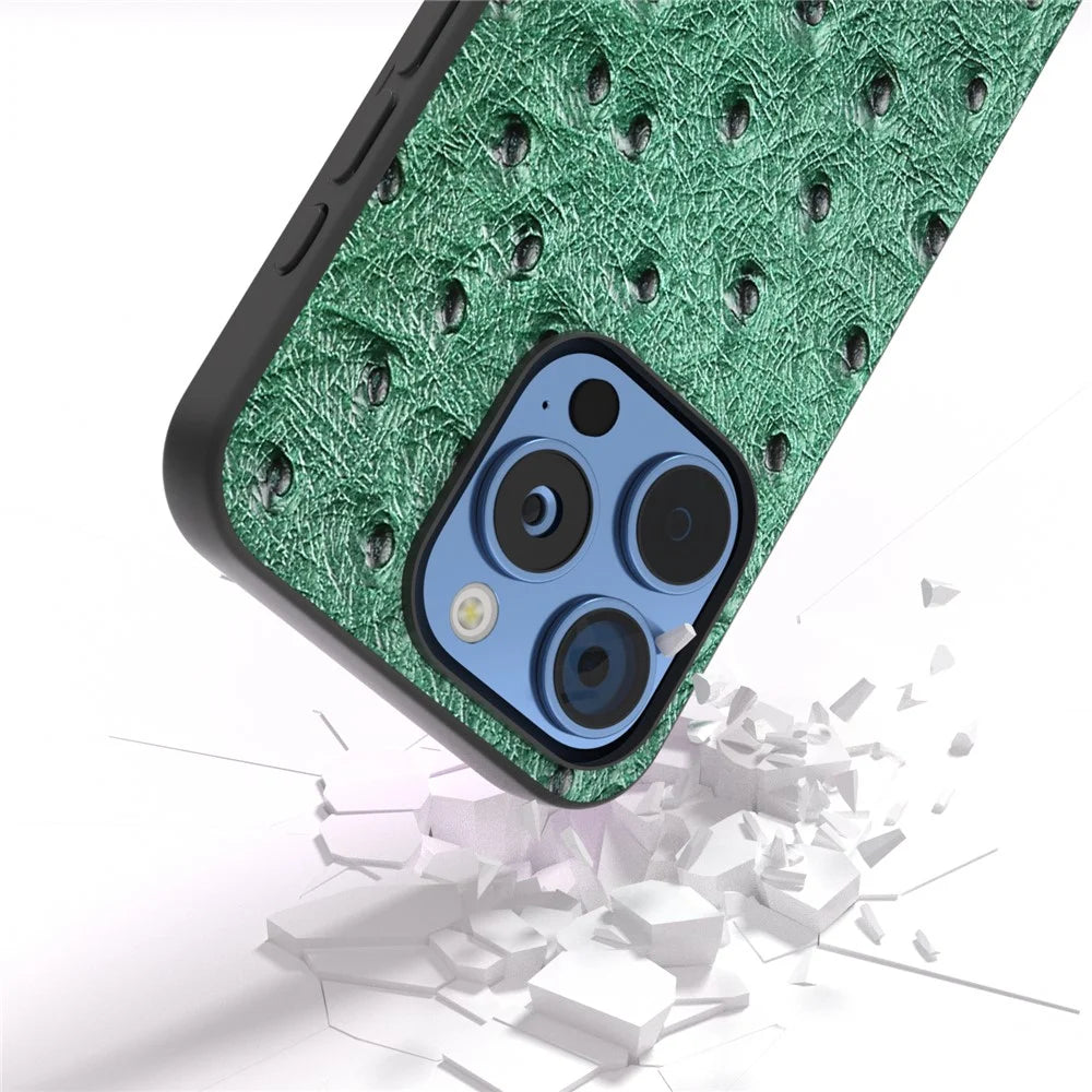ABEEL For iPhone 16 Pro Max Case Ostrich Texture Genuine Cow Leather Back Phone Cover - Green - 3