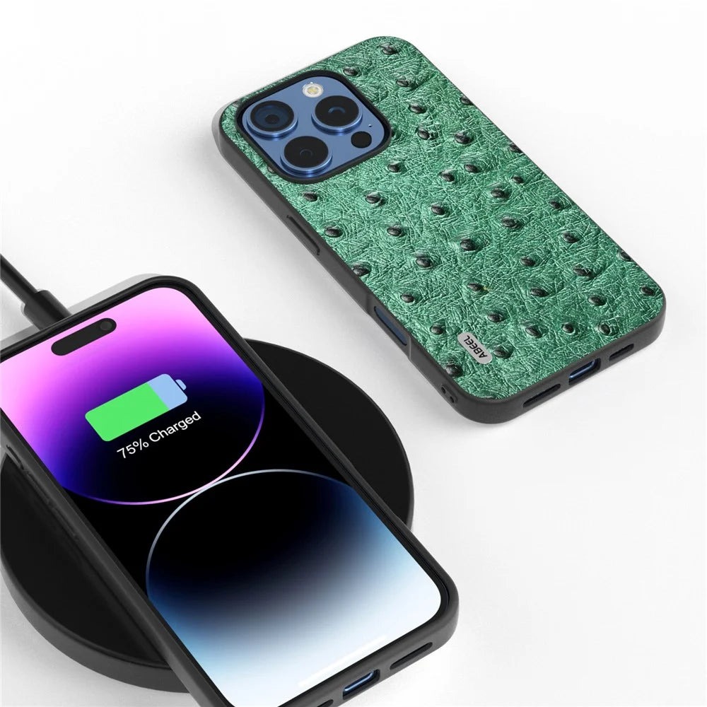 ABEEL For iPhone 16 Pro Max Case Ostrich Texture Genuine Cow Leather Back Phone Cover - Green - 4