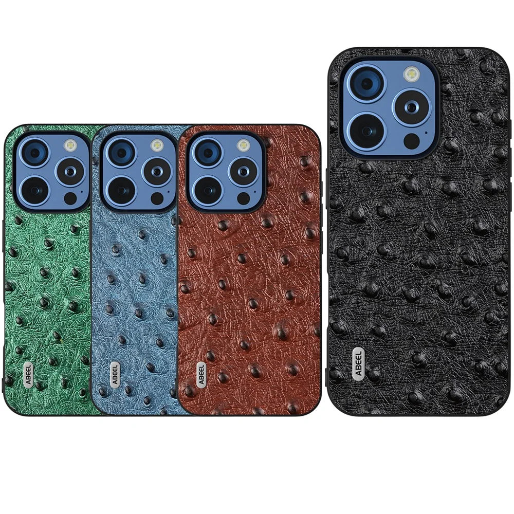 ABEEL For iPhone 16 Pro Max Case Ostrich Texture Genuine Cow Leather Back Phone Cover - Green - 5