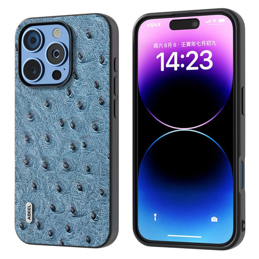 ABEEL For iPhone 16 Pro Case Ostrich Texture Genuine Cow Leather Back Phone Cover - Blue - 1
