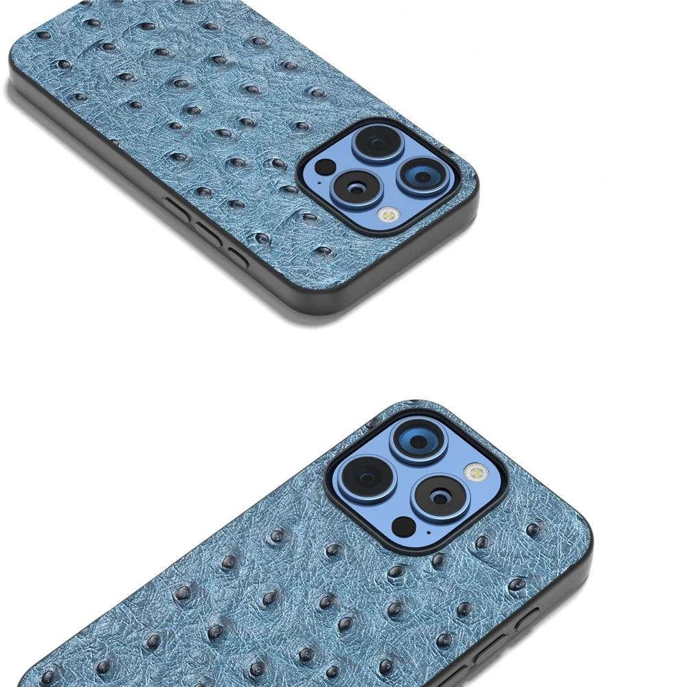 ABEEL For iPhone 16 Pro Case Ostrich Texture Genuine Cow Leather Back Phone Cover - Blue - 2