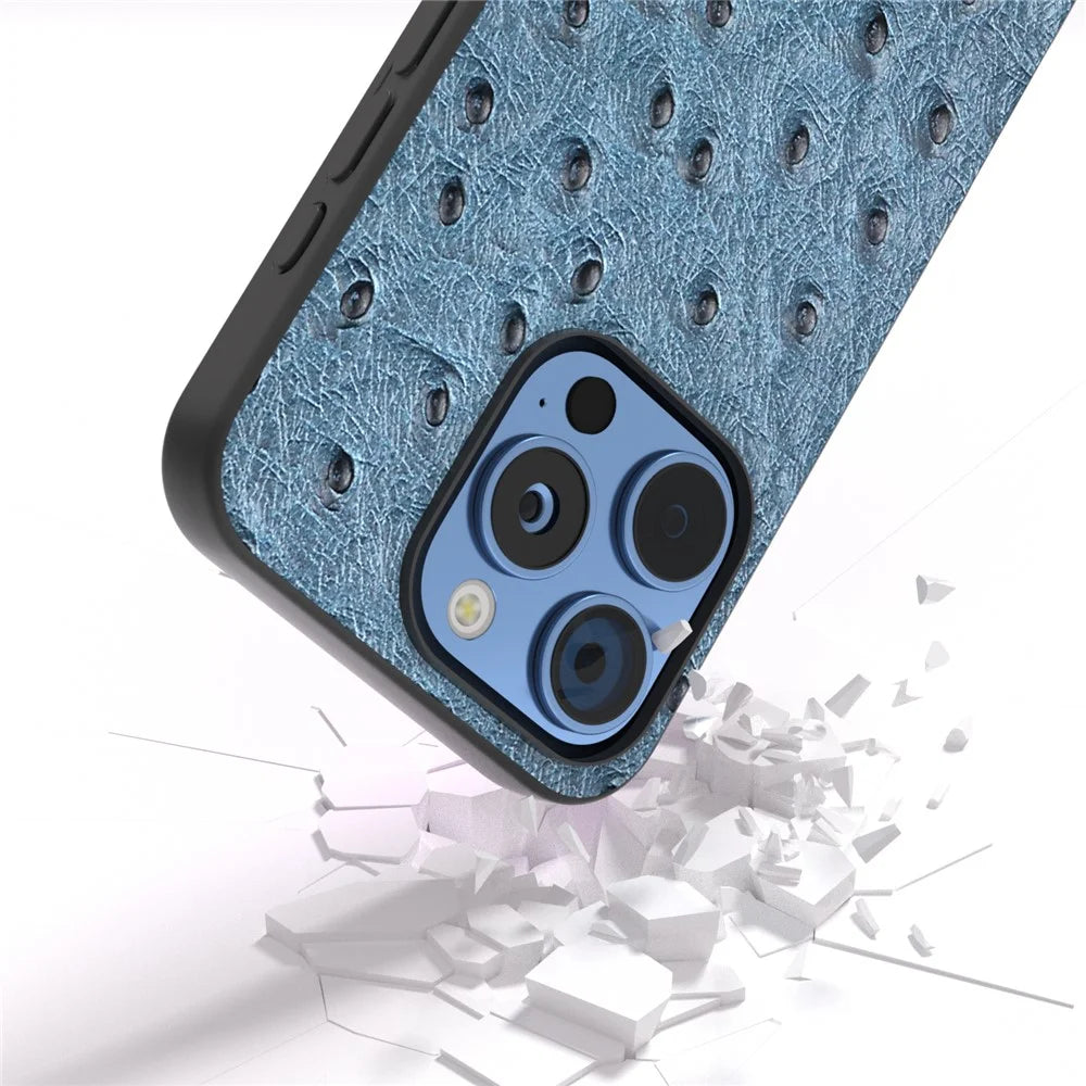 ABEEL For iPhone 16 Pro Case Ostrich Texture Genuine Cow Leather Back Phone Cover - Blue - 3
