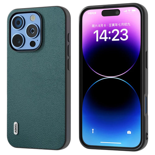 ABEEL For iPhone 16 Pro Max Case Genuine Cow Leather Coated PC+TPU Phone Cover - Midnight Green - 1