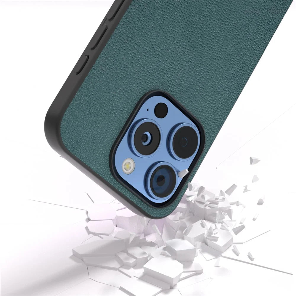 ABEEL For iPhone 16 Pro Max Case Genuine Cow Leather Coated PC+TPU Phone Cover - Midnight Green - 3