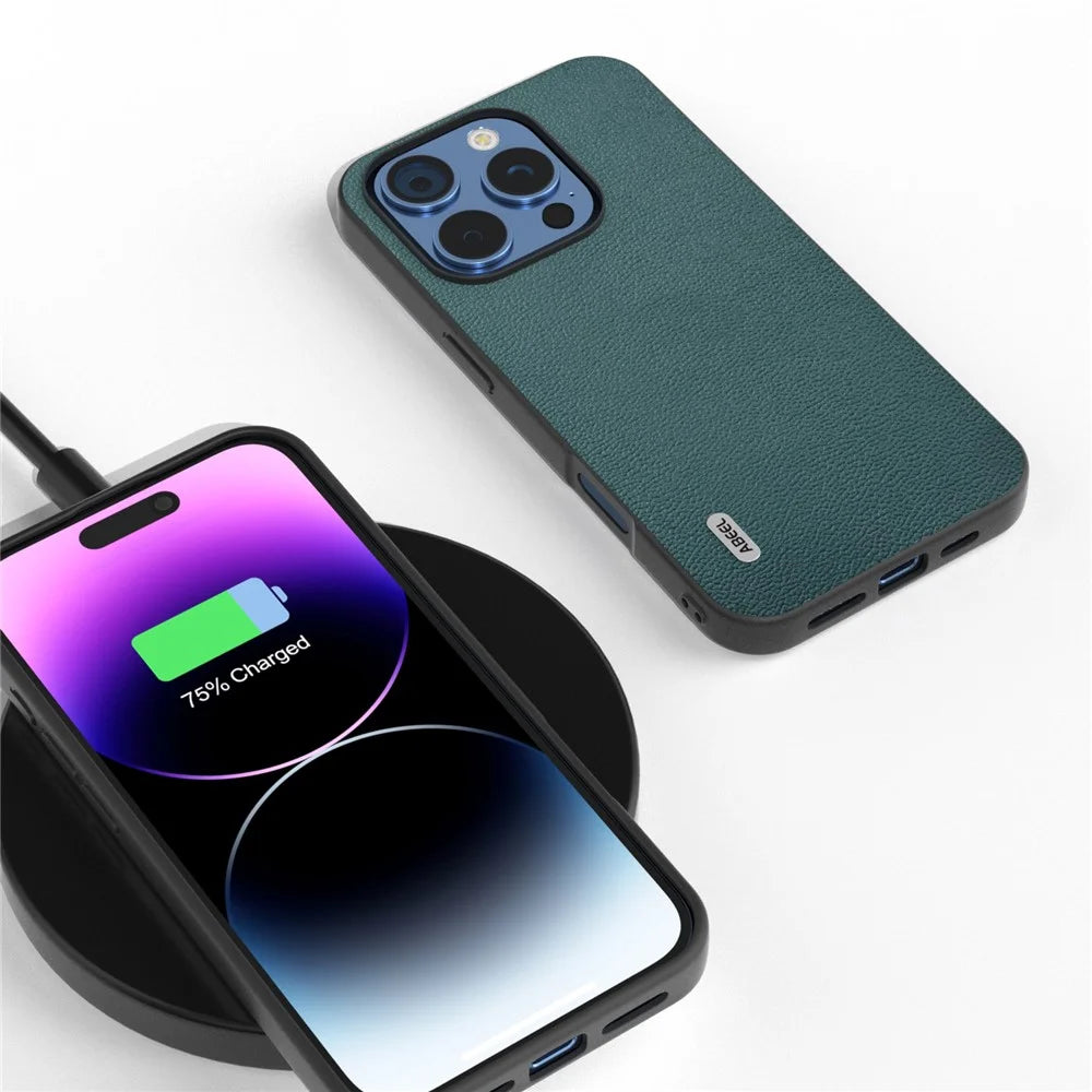 ABEEL For iPhone 16 Pro Max Case Genuine Cow Leather Coated PC+TPU Phone Cover - Midnight Green - 4