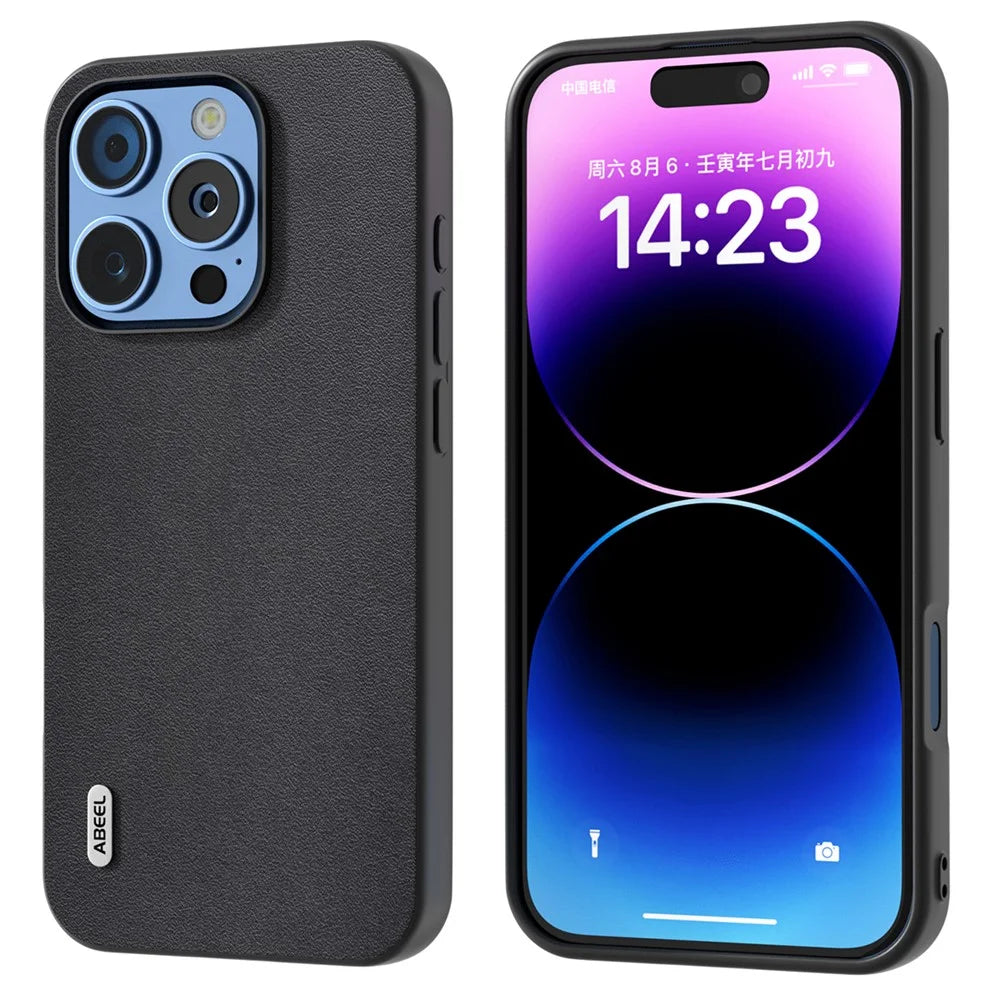 ABEEL For iPhone 16 Pro Max Case Genuine Cow Leather+PC+TPU Protective Phone Cover - Black - 1