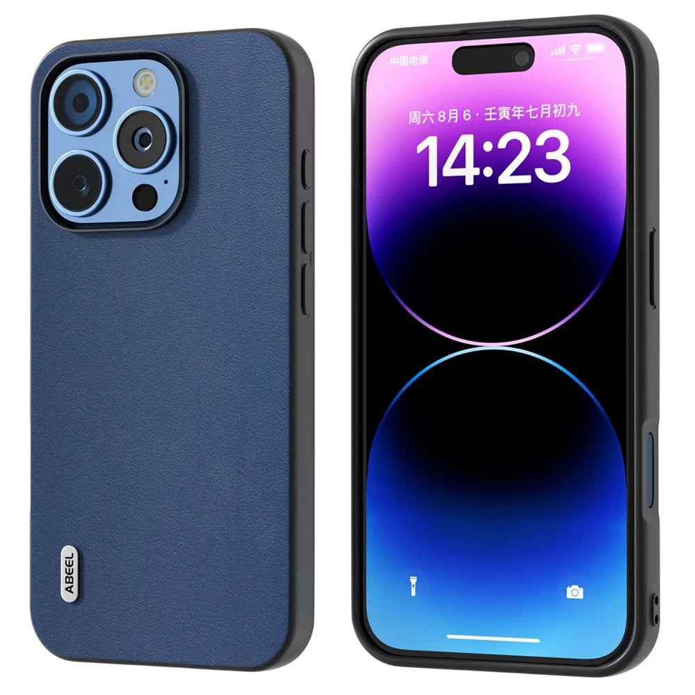 ABEEL For iPhone 16 Pro Case Genuine Cow Leather+PC+TPU Protective Phone Cover - Blue - 1