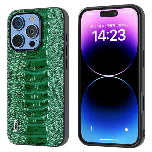 ABEEL For iPhone 16 Pro Max Case Crocodile Texture Genuine Cow Leather+TPU+PC Phone Cover - Green - 1