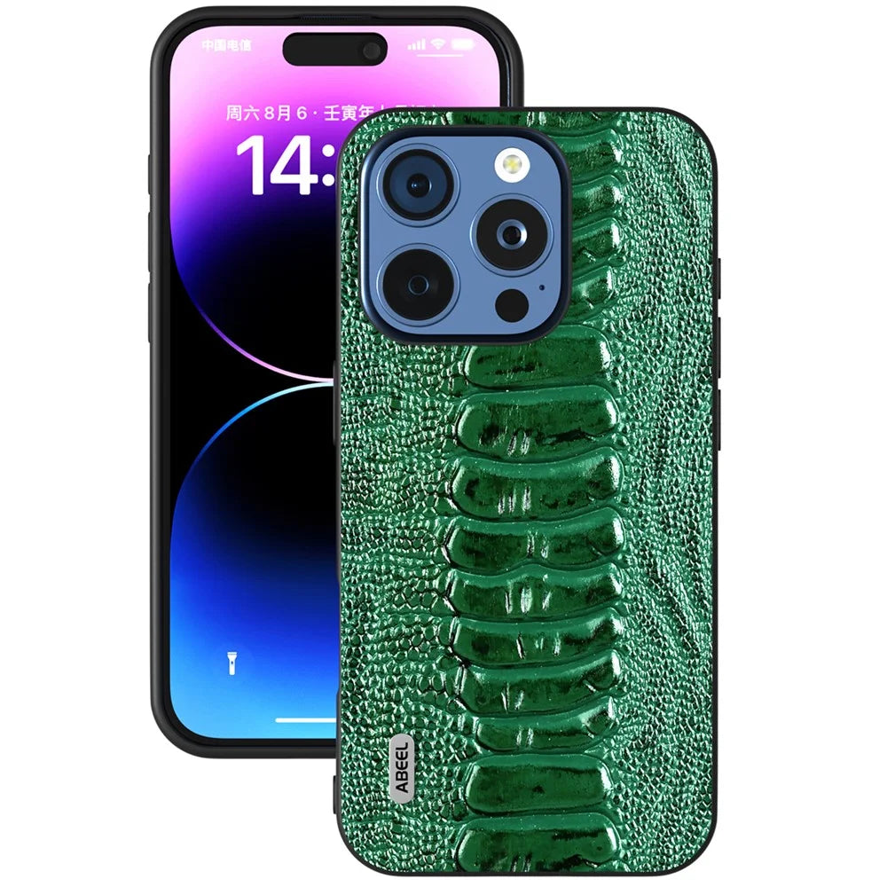 ABEEL For iPhone 16 Pro Max Case Crocodile Texture Genuine Cow Leather+TPU+PC Phone Cover - Green - 2