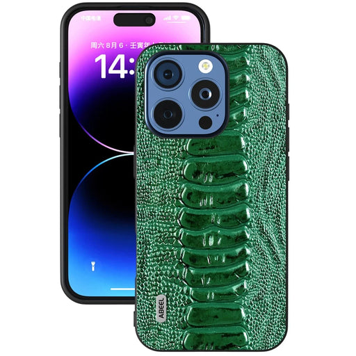 ABEEL For iPhone 16 Pro Max Case Crocodile Texture Genuine Cow Leather+TPU+PC Phone Cover - Green - 2