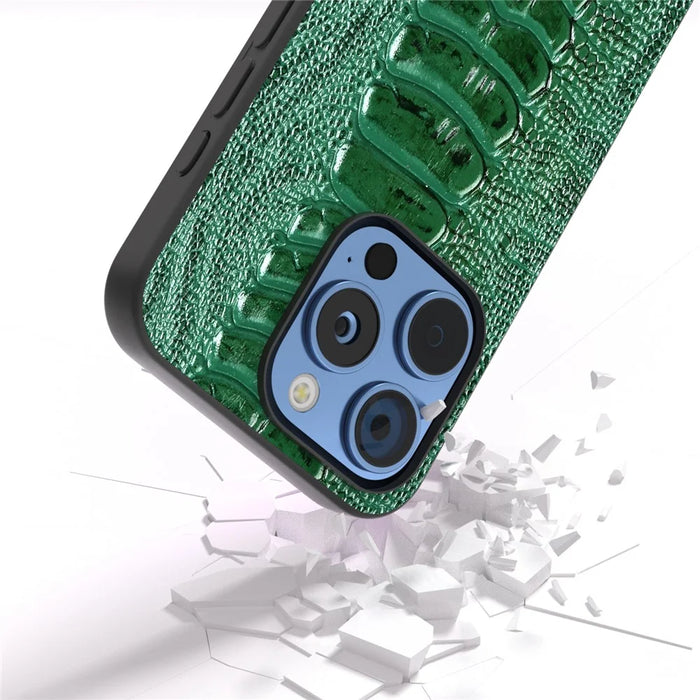 ABEEL For iPhone 16 Pro Max Case Crocodile Texture Genuine Cow Leather+TPU+PC Phone Cover - Green - 4