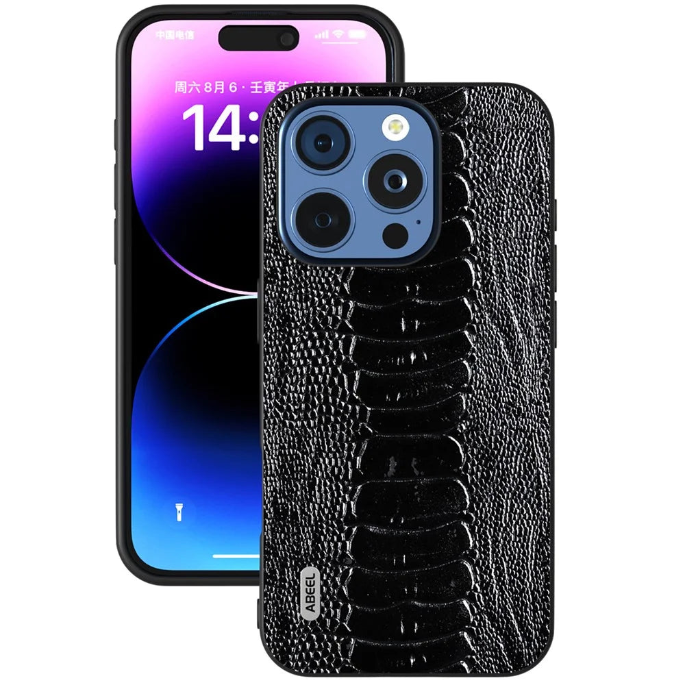 ABEEL For iPhone 16 Pro Case Crocodile Texture Genuine Cow Leather+TPU+PC Phone Cover - Black - 2