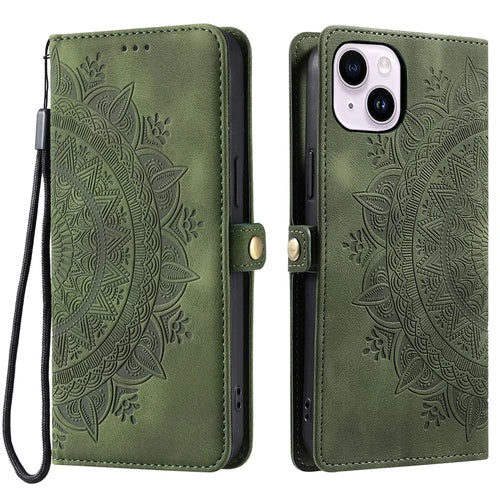 Style 016 For iPhone 15 Case Skin Feel Totem Imprinted Wallet Leather Phone Cover - Blackish Green - 1