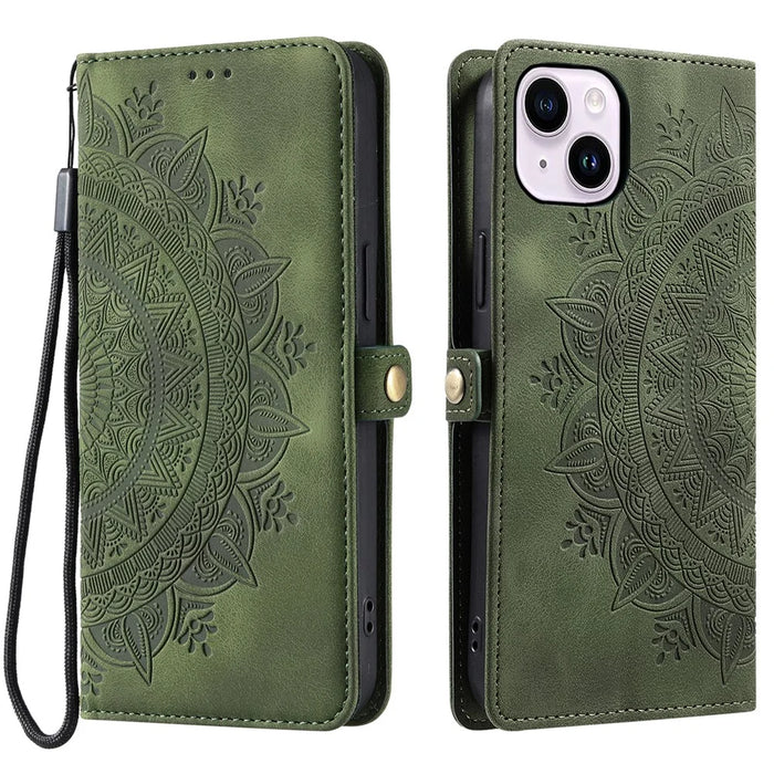 Style 016 For iPhone 15 Case Skin Feel Totem Imprinted Wallet Leather Phone Cover - Blackish Green - 1