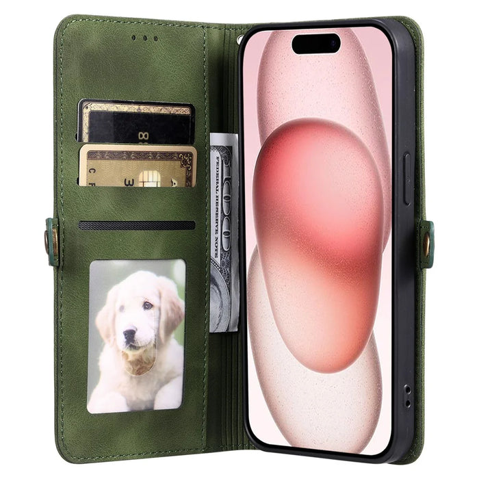 Style 016 For iPhone 15 Case Skin Feel Totem Imprinted Wallet Leather Phone Cover - Blackish Green - 2