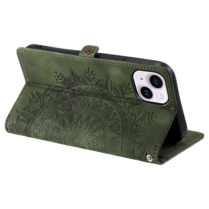 Style 016 For iPhone 15 Case Skin Feel Totem Imprinted Wallet Leather Phone Cover - Blackish Green - 4