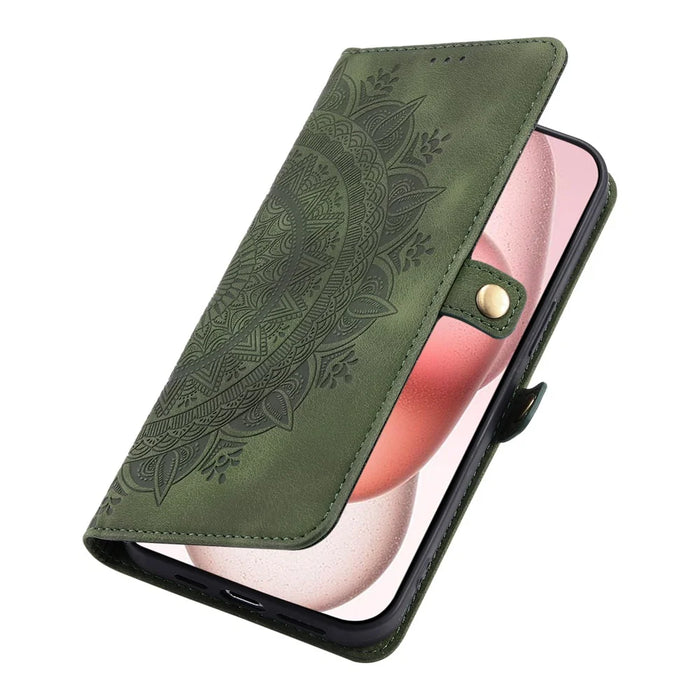 Style 016 For iPhone 15 Case Skin Feel Totem Imprinted Wallet Leather Phone Cover - Blackish Green - 5