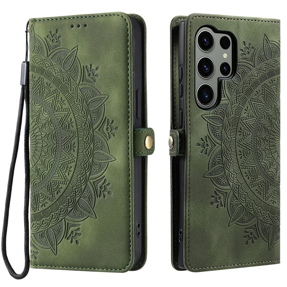Style 016 For Samsung Galaxy S24 Ultra Case Skin Feel Totem Imprinted Wallet Leather Phone Cover - Blackish Green - 1