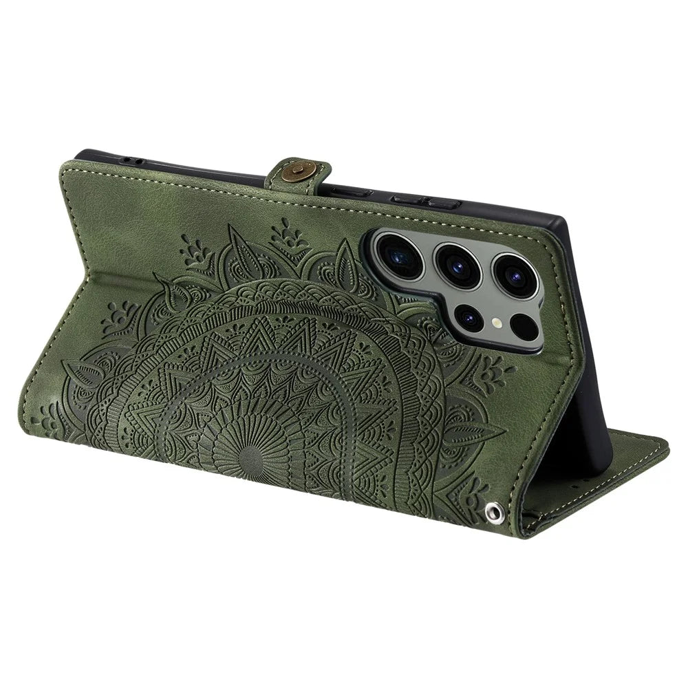 Style 016 For Samsung Galaxy S24 Ultra Case Skin Feel Totem Imprinted Wallet Leather Phone Cover - Blackish Green - 4