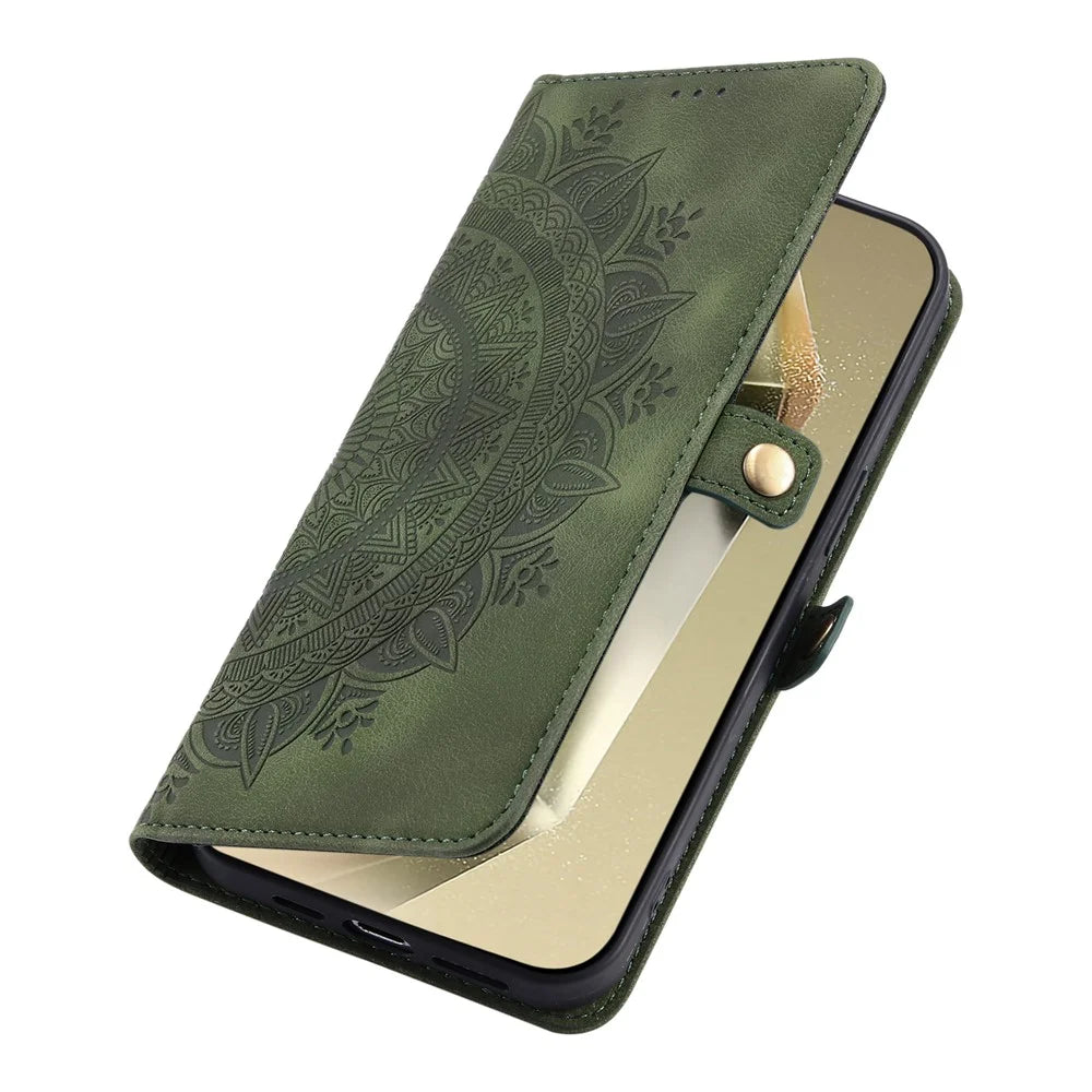 Style 016 For Samsung Galaxy S24 Ultra Case Skin Feel Totem Imprinted Wallet Leather Phone Cover - Blackish Green - 5