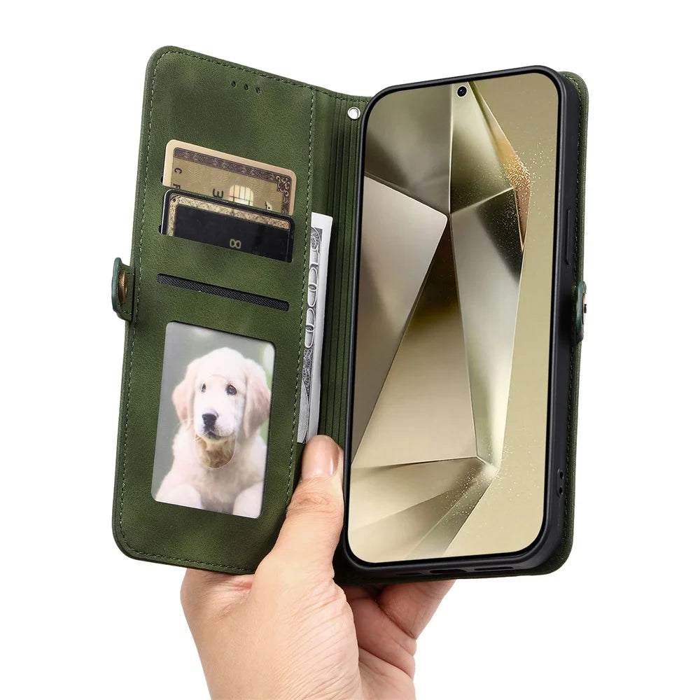 Style 016 For Samsung Galaxy S24 Ultra Case Skin Feel Totem Imprinted Wallet Leather Phone Cover - Blackish Green - 6