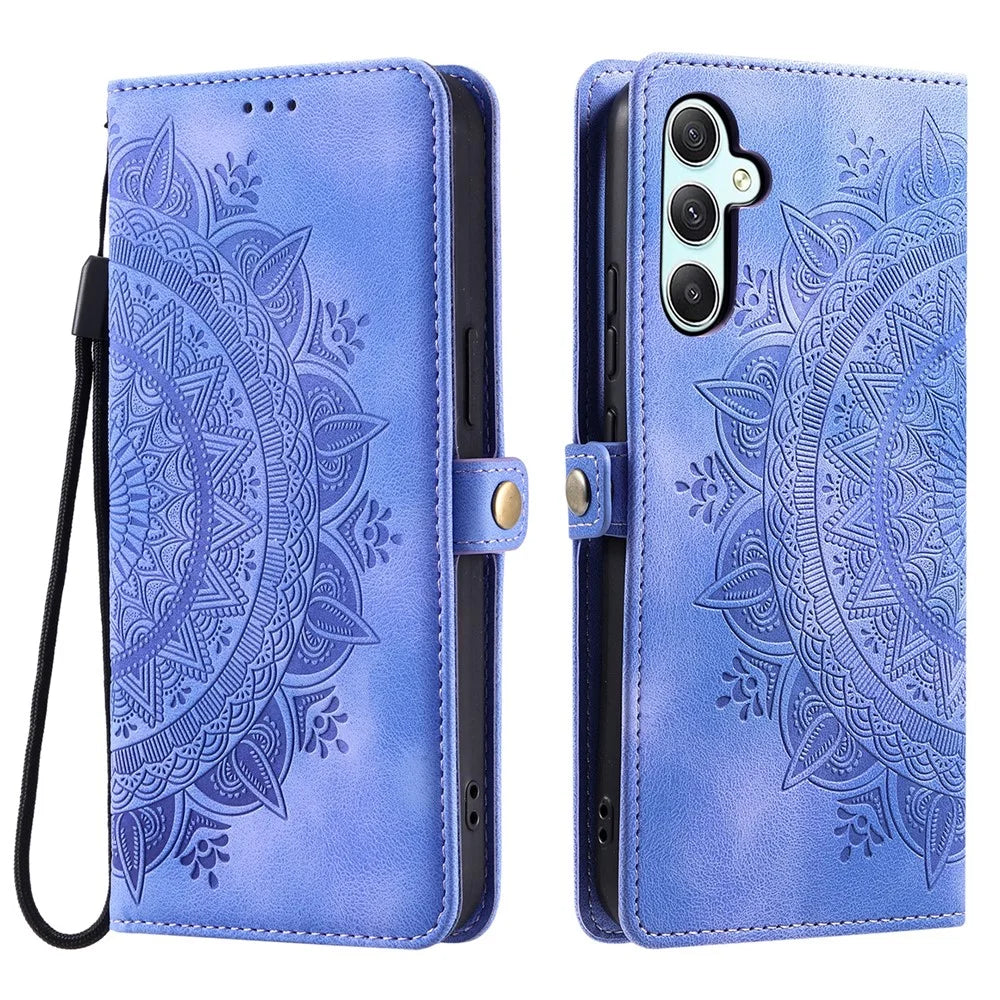 Style 016 For Samsung Galaxy S23 FE Case Skin Feel Totem Imprinted Wallet Leather Phone Cover - Purple - 1