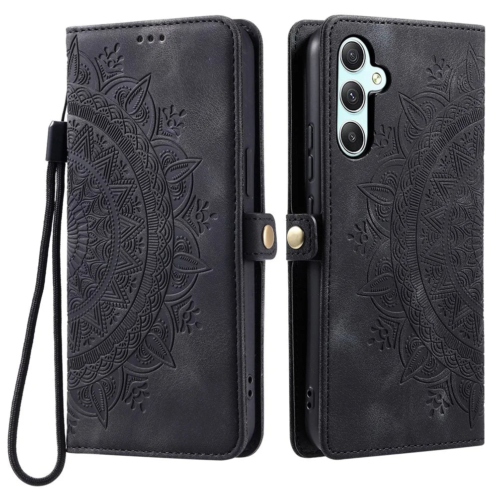 Style 016 For Samsung Galaxy S24 Case Skin Feel Totem Imprinted Wallet Leather Phone Cover - Black - 1