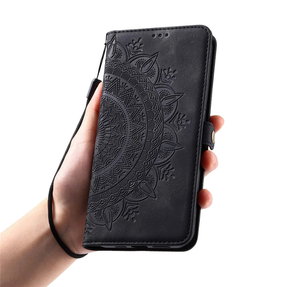 Style 016 For Samsung Galaxy S24 Case Skin Feel Totem Imprinted Wallet Leather Phone Cover - Black - 7