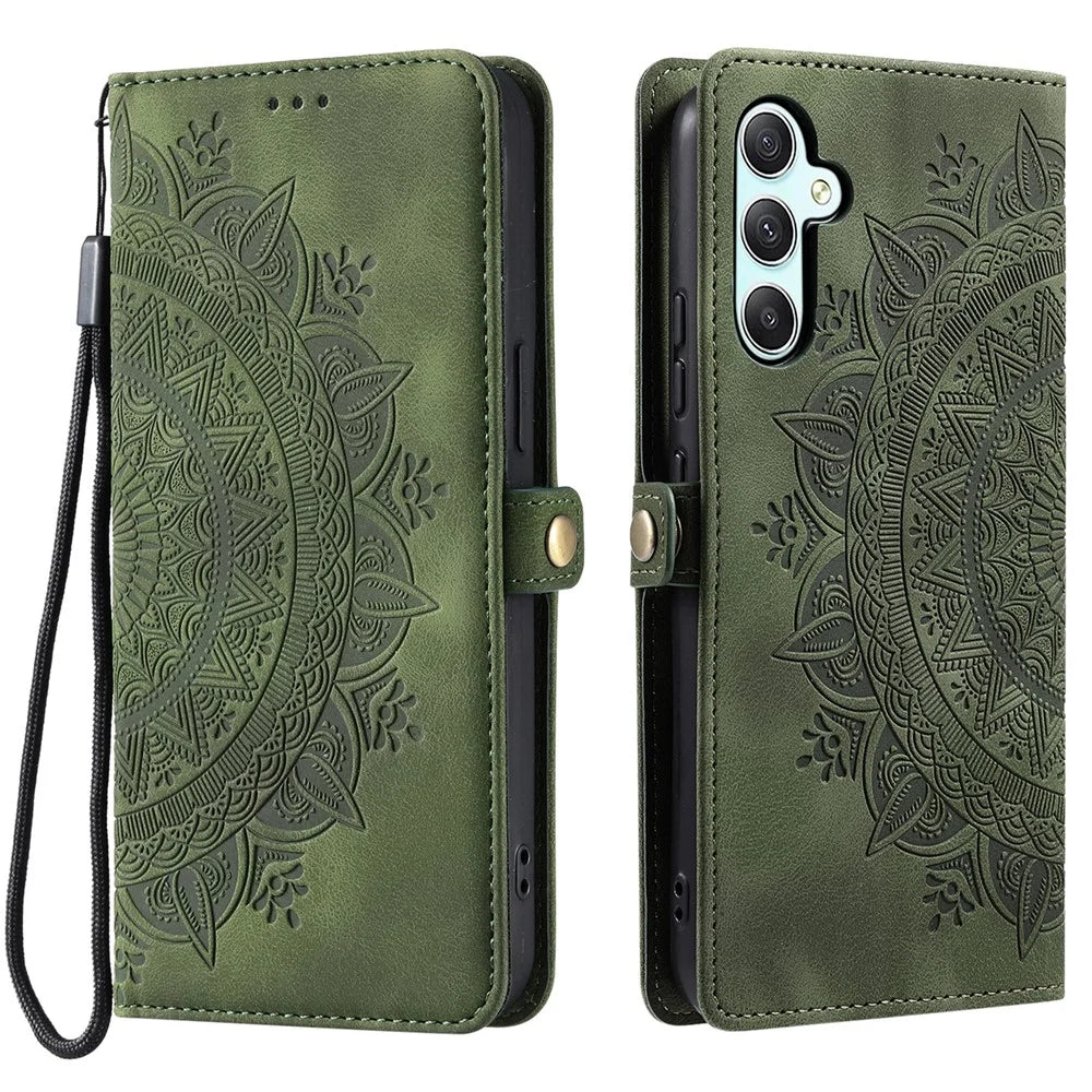 Style 016 For Samsung Galaxy A35 5G Case Skin Feel Totem Imprinted Wallet Leather Phone Cover - Blackish Green - 1
