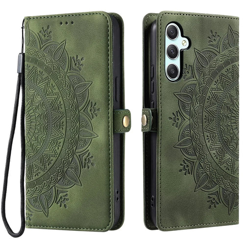 Style 016 For Samsung Galaxy A35 5G Case Skin Feel Totem Imprinted Wallet Leather Phone Cover - Blackish Green - 1
