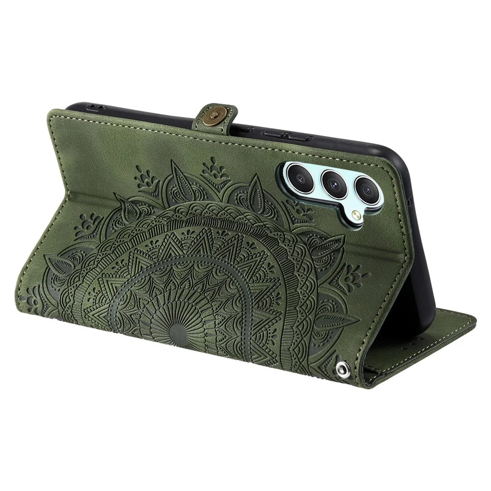 Style 016 For Samsung Galaxy A35 5G Case Skin Feel Totem Imprinted Wallet Leather Phone Cover - Blackish Green - 4