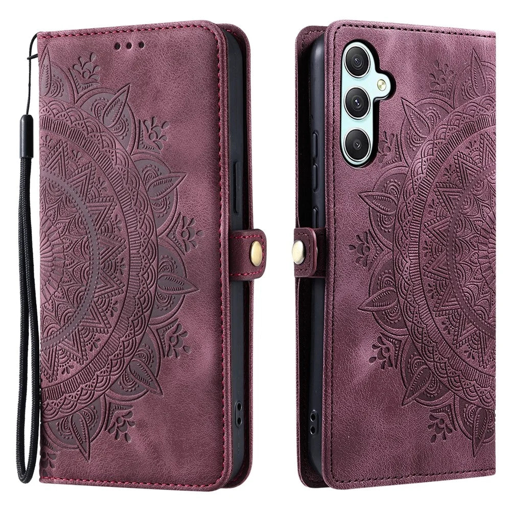 Style 016 For Samsung Galaxy A25 5G (Global) (161.0 x 76.5 x 8.3mm) Case Skin Feel Totem Imprinted Wallet Leather Phone Cover - Wine Red - 1