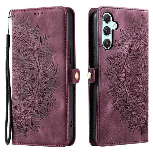 Style 016 For Samsung Galaxy A25 5G (Global) (161.0 x 76.5 x 8.3mm) Case Skin Feel Totem Imprinted Wallet Leather Phone Cover - Wine Red - 1