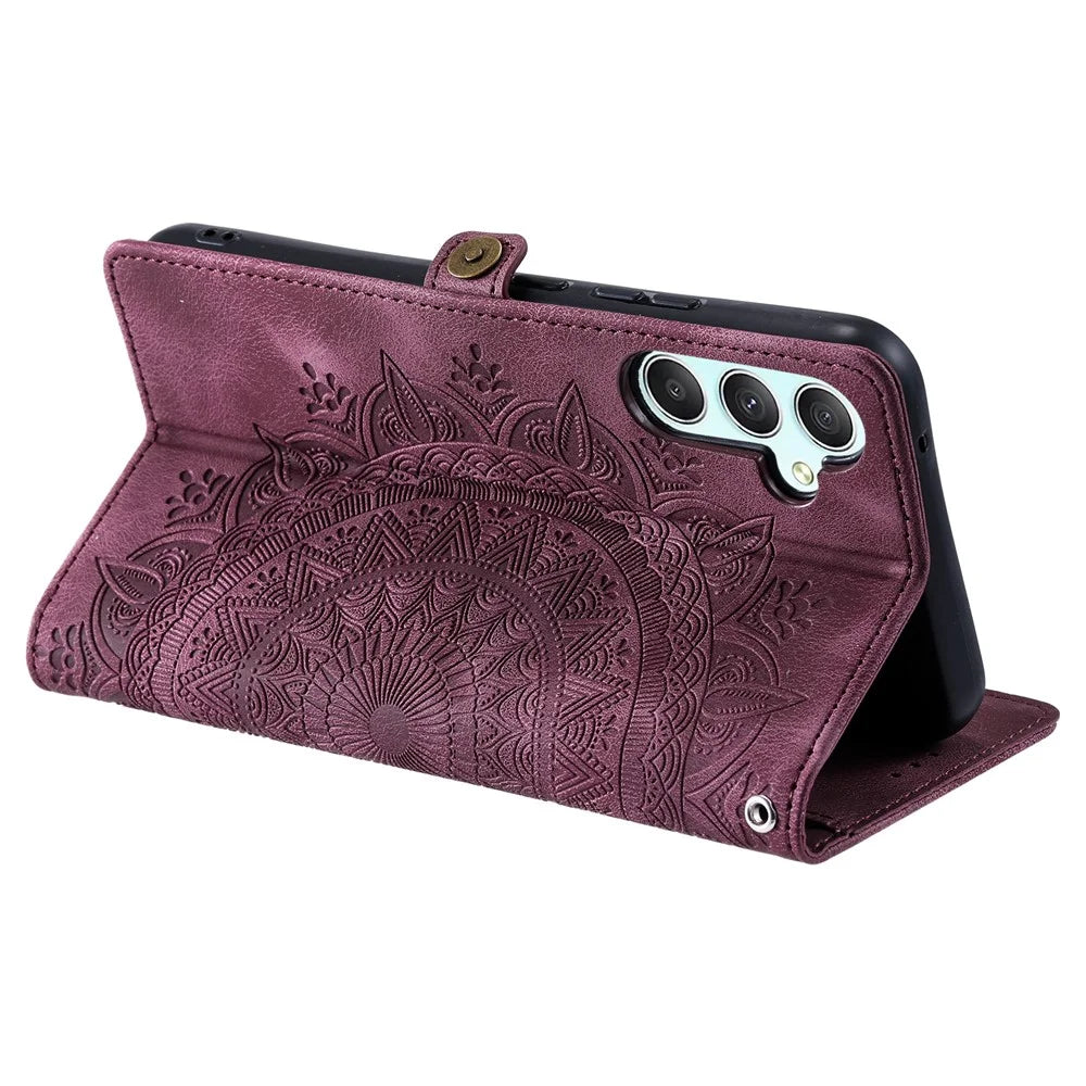 Style 016 For Samsung Galaxy A25 5G (Global) (161.0 x 76.5 x 8.3mm) Case Skin Feel Totem Imprinted Wallet Leather Phone Cover - Wine Red - 4