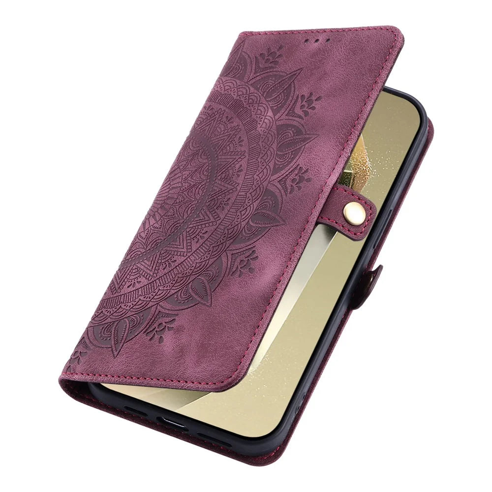 Style 016 For Samsung Galaxy A25 5G (Global) (161.0 x 76.5 x 8.3mm) Case Skin Feel Totem Imprinted Wallet Leather Phone Cover - Wine Red - 5