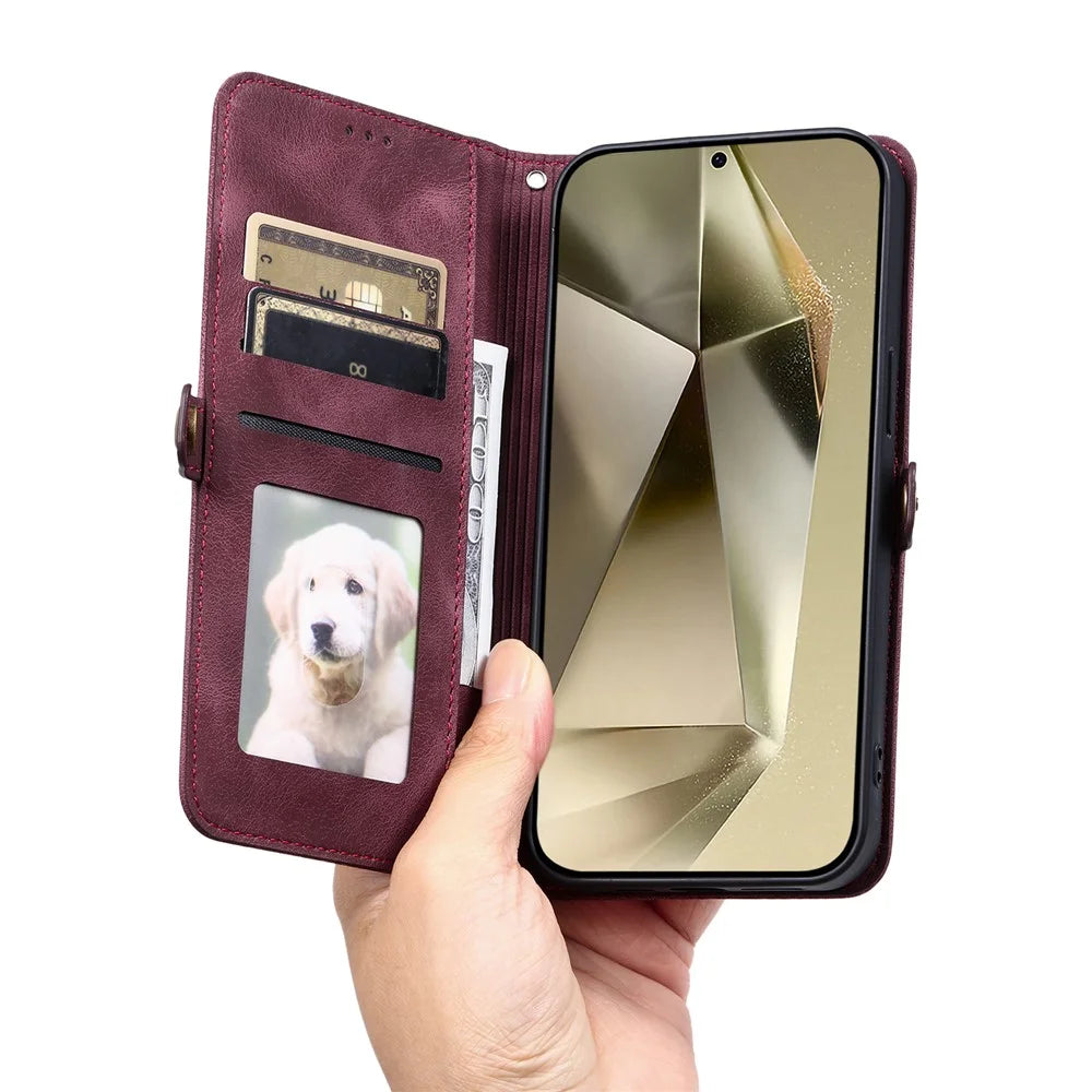 Style 016 For Samsung Galaxy A25 5G (Global) (161.0 x 76.5 x 8.3mm) Case Skin Feel Totem Imprinted Wallet Leather Phone Cover - Wine Red - 6