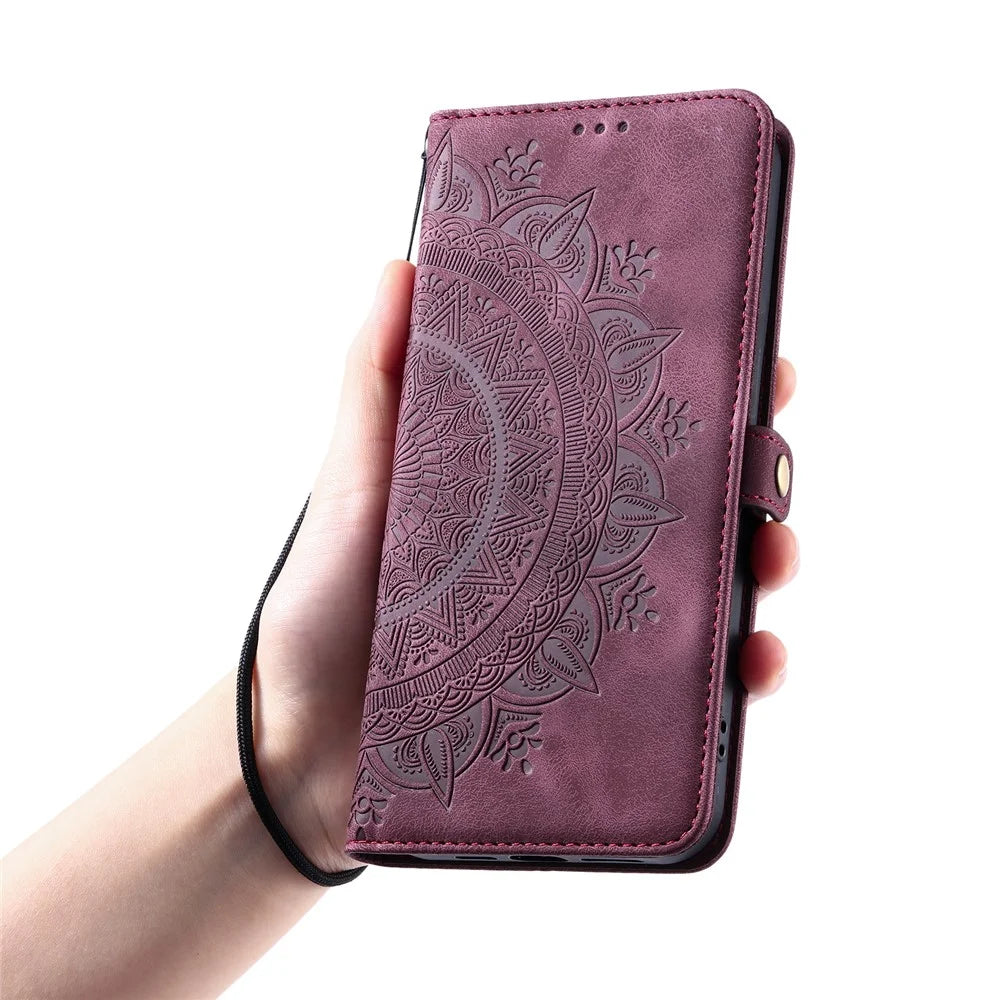 Style 016 For Samsung Galaxy A25 5G (Global) (161.0 x 76.5 x 8.3mm) Case Skin Feel Totem Imprinted Wallet Leather Phone Cover - Wine Red - 7