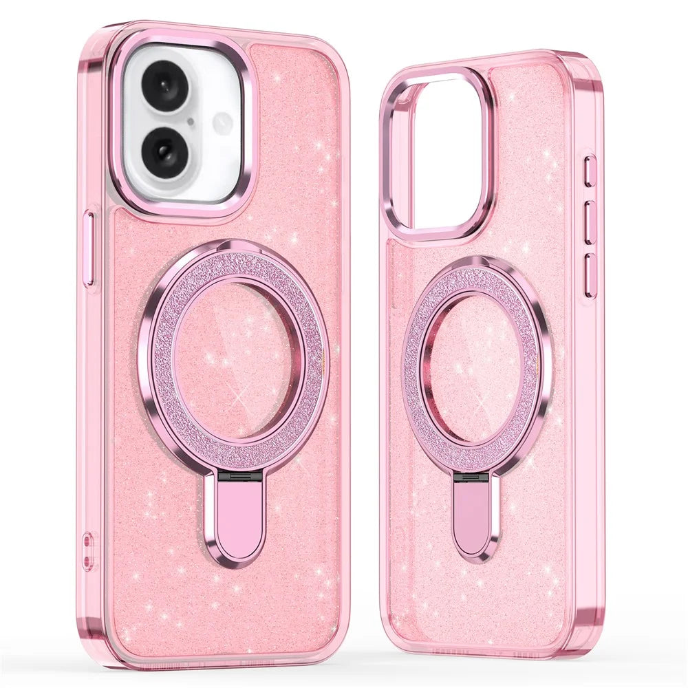 For iPhone 16 Case Glitter Design TPU+PC Kickstand Phone Protector - Pink - 1
