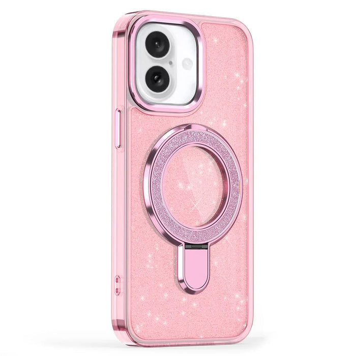 For iPhone 16 Case Glitter Design TPU+PC Kickstand Phone Protector - Pink - 2
