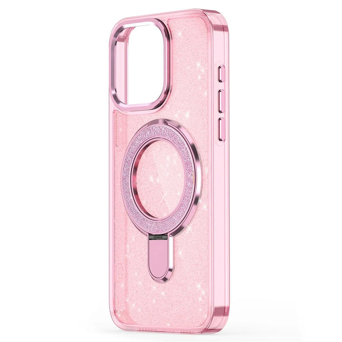 For iPhone 16 Case Glitter Design TPU+PC Kickstand Phone Protector - Pink - 3