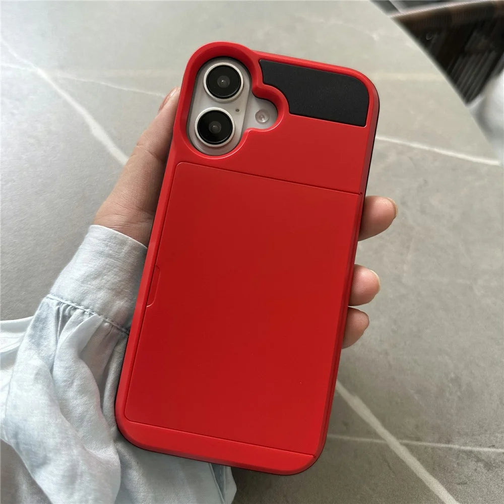 For iPhone 16 Case with Sliding Card Holder PC+TPU Phone Back Cover - Red - 1
