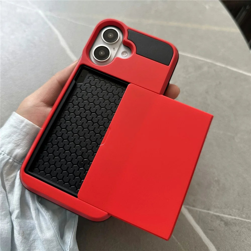 For iPhone 16 Case with Sliding Card Holder PC+TPU Phone Back Cover - Red - 2