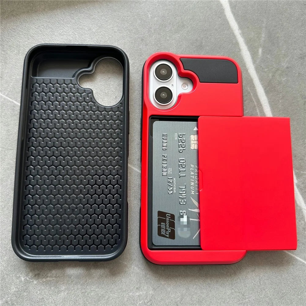 For iPhone 16 Case with Sliding Card Holder PC+TPU Phone Back Cover - Red - 3