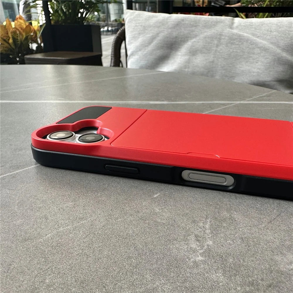 For iPhone 16 Case with Sliding Card Holder PC+TPU Phone Back Cover - Red - 5
