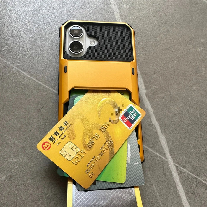 For iPhone 16 Case PC+TPU Dual Layer Back Phone Cover with Card Holder - Yellow - 4