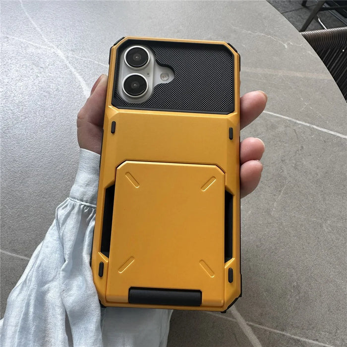 For iPhone 16 Plus Case PC+TPU Dual Layer Back Phone Cover with Card Holder - Yellow - 1