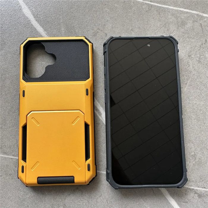 For iPhone 16 Plus Case PC+TPU Dual Layer Back Phone Cover with Card Holder - Yellow - 3