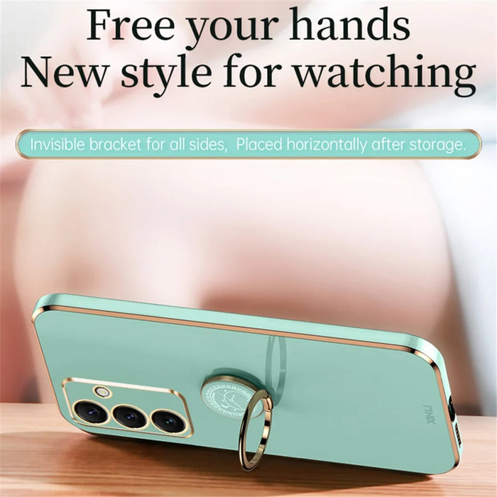 XINLI For Samsung Galaxy S24 FE Case Ring Kickstand Electroplating TPU Phone Cover - Cyan - 3