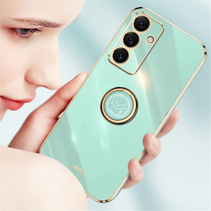 XINLI For Samsung Galaxy S24 FE Case Ring Kickstand Electroplating TPU Phone Cover - Cyan - 5